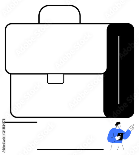 Large minimalist briefcase with bold lines, small character pointing while holding a notebook. Ideal for business concepts, organization, success, productivity, workflow, professionalism, abstract