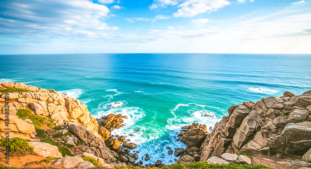 Scenic Cliffside View of the Ocean with Jagged Rocks and Soft White Waves Scenic Cliffside View of the Ocean with Jagged Rocks and Soft White Waves