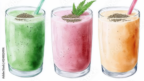 Colorful hemp protein shakes three flavors, garnished with seeds