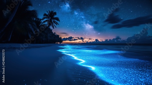 Glowing Beach at Night Under a Starry Sky