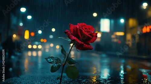 Solitary Rose in the Rain-City Night