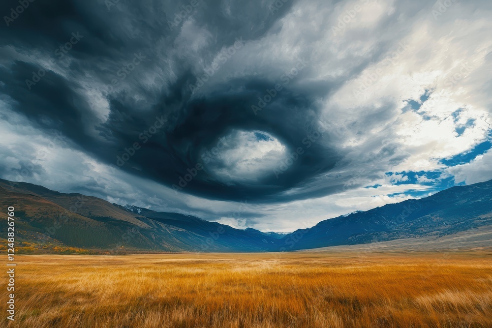 Dramatic Vortex Clouds Forming Over Open Plains Under a Gloomy Sky Dramatic Vortex Clouds Forming Over Open Plains Under a Gloomy Sky