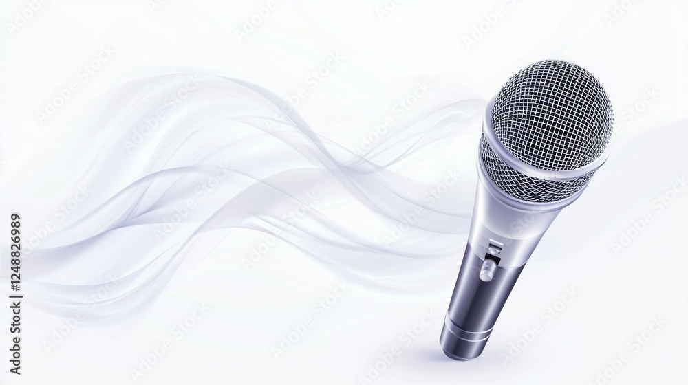 Fototapeta premium Microphone, music waves, white background, singing, podcast