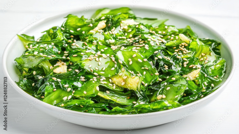 Fresh seaweed salad with sesame seeds in white bowl Fresh seaweed salad with sesame seeds in white bowl