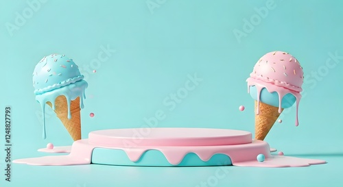 A dreamy, ice cream-inspired pastel podium with melting edges, Ai Generated
