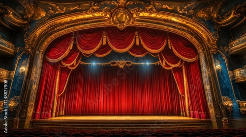 Ornate Opera House Stage with Rich Red Drapery and Decorative Gold Accents in a Grand Theater Setting