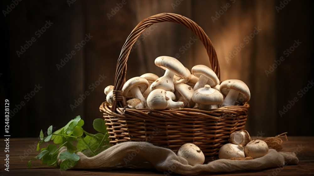 Fresh Champignon Mushroom Displayed in Basket on Rustic Wooden Table for Culinary Background Fresh Champignon Mushroom Displayed in Basket on Rustic Wooden Table for Culinary Background