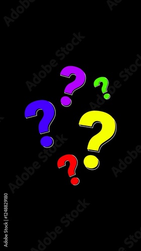Animation of bright colored question mark on transparent background. Suitable for educational, innovative and creative content.