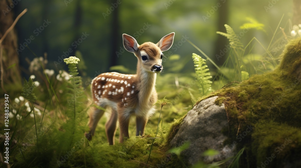 Fallow Deer Baby Animal Grazing in Lush Green Meadows - High Quality Image Fallow Deer Baby Animal Grazing in Lush Green Meadows - High Quality Image