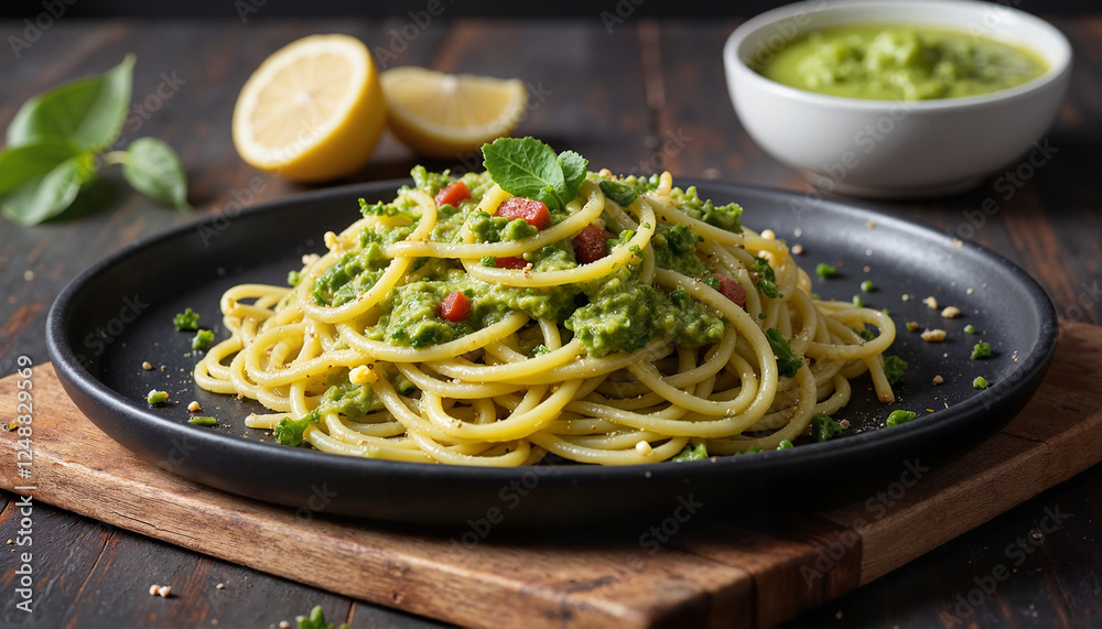 Delicious spaghetti with pesto sauce and fresh ingredients served on a black plate with a side of lemon
