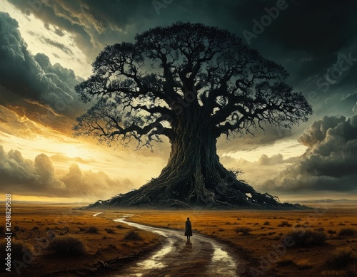 A mysterious lone tree in a dramatic landscape at sunset, surrounded by stormy skies. A small figure walks on a winding path towards the tree. Epic and cinematic scenery