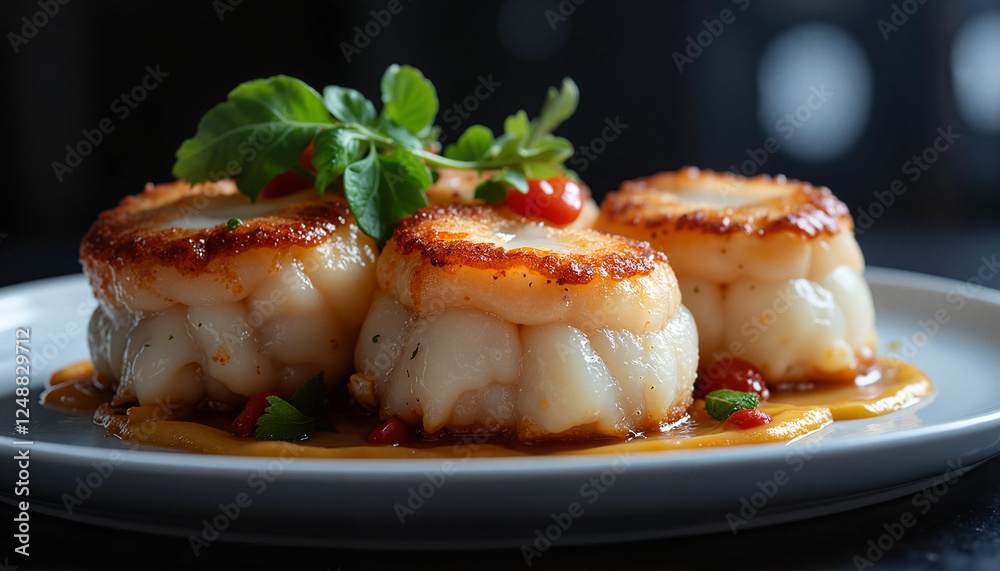 Pan-seared scallops served on a white plate with garnishes and sauce on a dark background