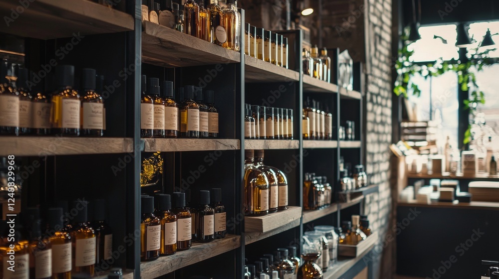 Shelves with wine bottles in a cozy shop Shelves with wine bottles in a cozy shop