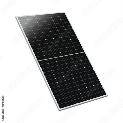 Rectangular solar panel with a grid of dark photovoltaic cells framed by a thin, light-colored border on a white background. Highlighting renewable energy technology and sustainability.