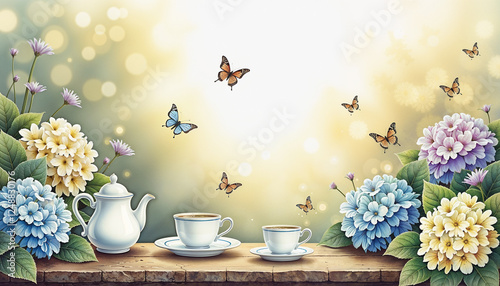 Wallpaper Mural Delicate Teacups Surrounded by Hydrangeas and Playful Butterflies in Pastel Harmony Torontodigital.ca