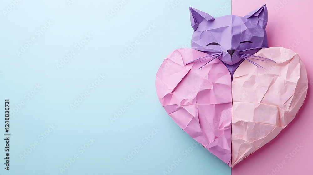 The soft purple kitten made of paper peeking behind a pastel heart on a pastel blue and pink background. School, cute, copy space concept.