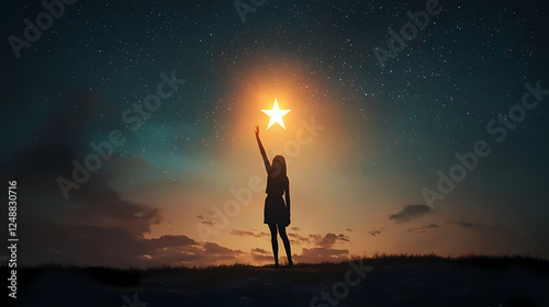 a silhouette of a woman reaching for a shining star in the night sky.
