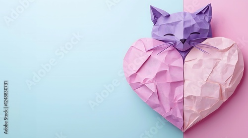 The soft purple kitten made of paper peeking behind a pastel heart on a pastel blue and pink background. School, cute, copy space concept. 