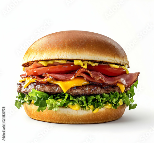 Mouthwatering hamburger on a pristine background, showcasing layers of freshness and flavor for a delicious culinary experience