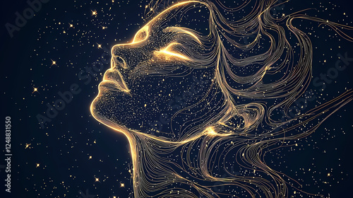 a digital art depiction of a woman's face made up of lines and stars.
