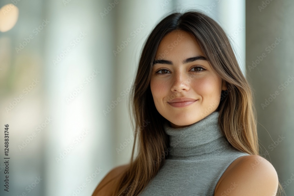 Smiling beautiful woman in a grey sleeveless turtleneck and brown hair. Smiling beautiful woman in a grey sleeveless turtleneck and brown hair.