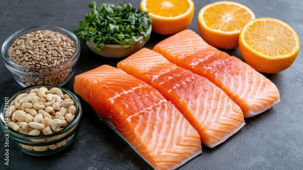 A rustic kitchen spread showcases fresh salmon, oranges, nuts, and greens, epitomizing wholesome and vibrant culinary artistry. A rustic kitchen spread showcases fresh salmon, oranges, nuts, and greens, epitomizing wholesome and vibrant culinary artistry.