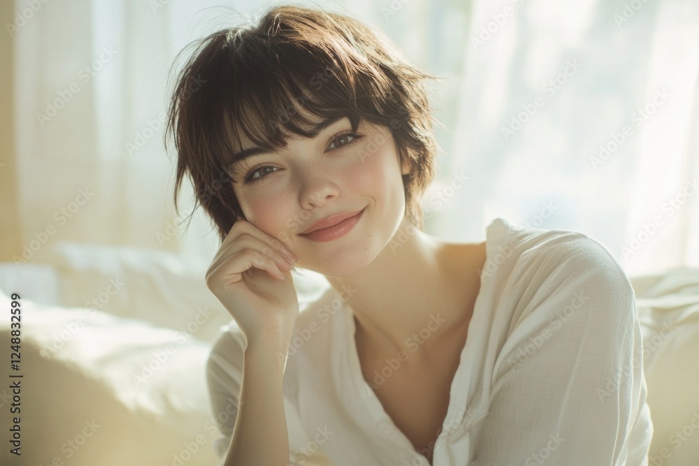 Smiling beautiful woman with short hair in living room with natural light from window. Smiling beautiful woman with short hair in living room with natural light from window.