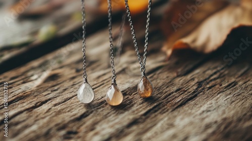 Teardrop gemstone necklaces on wood, autumn leaves background; jewelry shop product photo photo