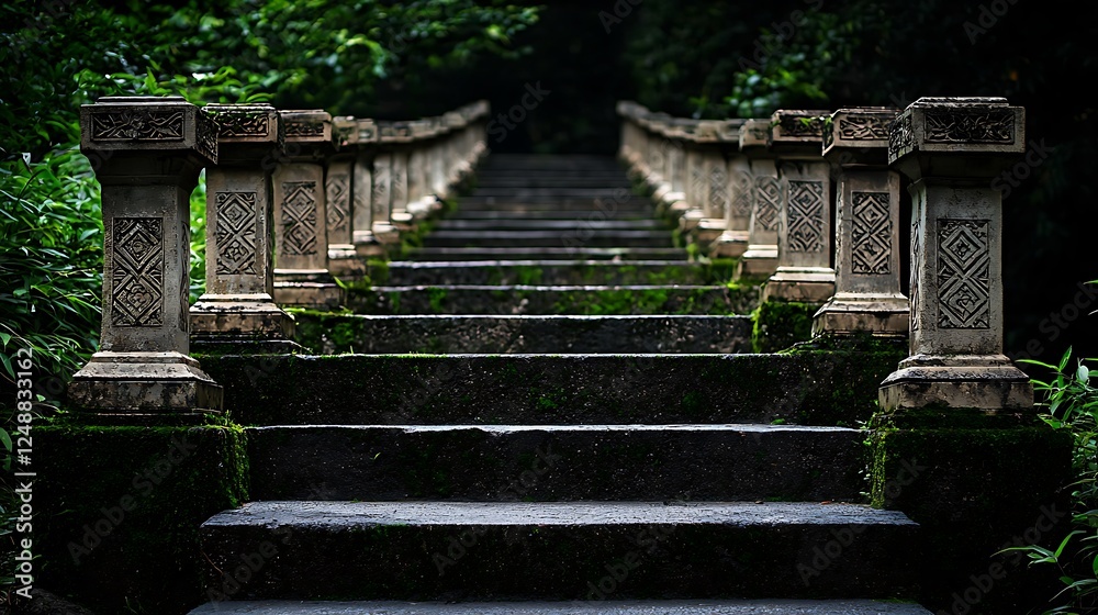 Serene stone staircase leading through lush greenery in a tranquil forest setting Serene stone staircase leading through lush greenery in a tranquil forest setting