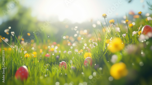 Spring Meadow with Easter Eggs - A Vibrant Nature Scene
