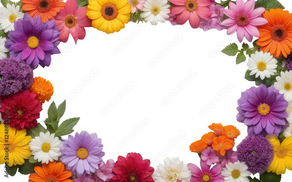 A frame of vibrant flowers on a transparent background with space for text, greeting card A frame of vibrant flowers on a transparent background with space for text, greeting card