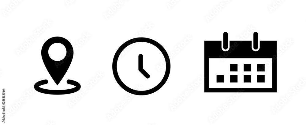 Date, Time, Address icon set. Event icons vector. Address. time, and date icon vector. Event elements isolated on transparent background. Date, Time, Address icon set. Event icons vector. Address. time, and date icon vector. Event elements isolated on transparent background.