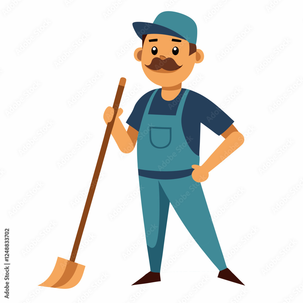 cartoon street sweeper in uniform .Cleaning Service. Isolated on white background.Front  view .Vector illustration. 