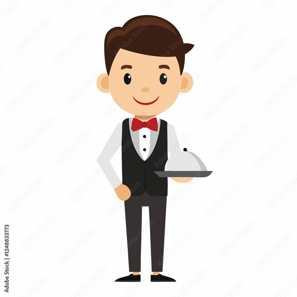 cartoon waiter in uniform with a tray in his hand. Waiter profession. Isolated on white background.Front  view .Vector illustration. 