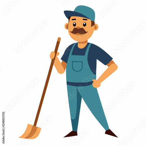 cartoon street sweeper in uniform .Cleaning Service. Isolated on white background.Front  view .Vector illustration. 