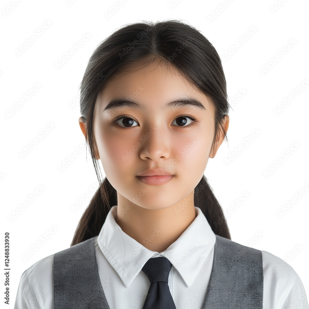 neutral-faced East Asian teen in school uniform isolated on transparent white background neutral-faced East Asian teen in school uniform isolated on transparent white background