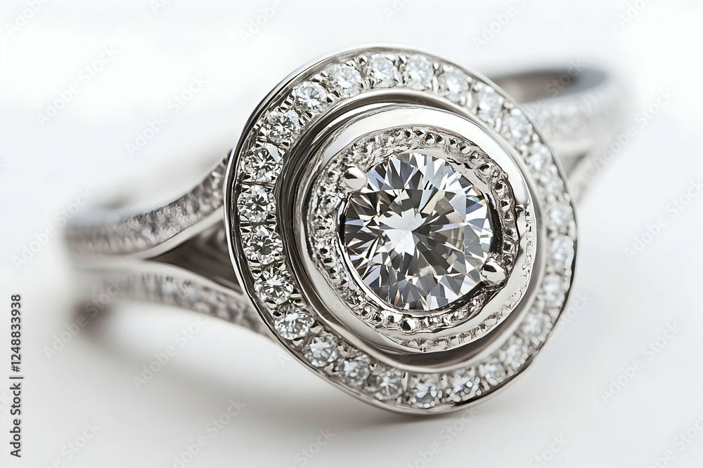 Close-up showcasing a diamond ring with shimmering brilliance, reflecting wealth and commitment on a pristine white background surface Close-up showcasing a diamond ring with shimmering brilliance, reflecting wealth and commitment on a pristine white background surface