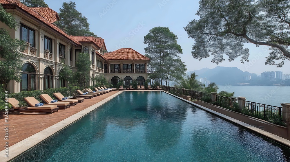Obraz premium Luxury villa with an infinity pool overlooking the ocean and distant city skyline views