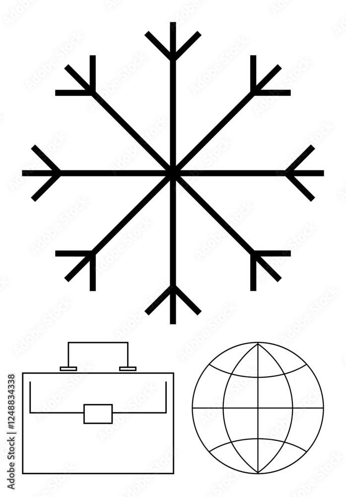 Geometric snowflake as a centerpiece beside a simplistic briefcase and globe icon. Ideal for winter business concepts, global networking, minimalistic design, professionalism, holiday marketing, team Geometric snowflake as a centerpiece beside a simplistic briefcase and globe icon. Ideal for winter business concepts, global networking, minimalistic design, professionalism, holiday marketing, team