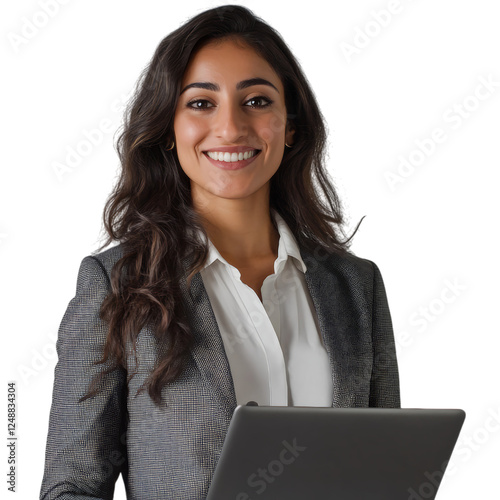 Smiling Middle Eastern female business professional with a laptop. Isolated and AI generated.  .