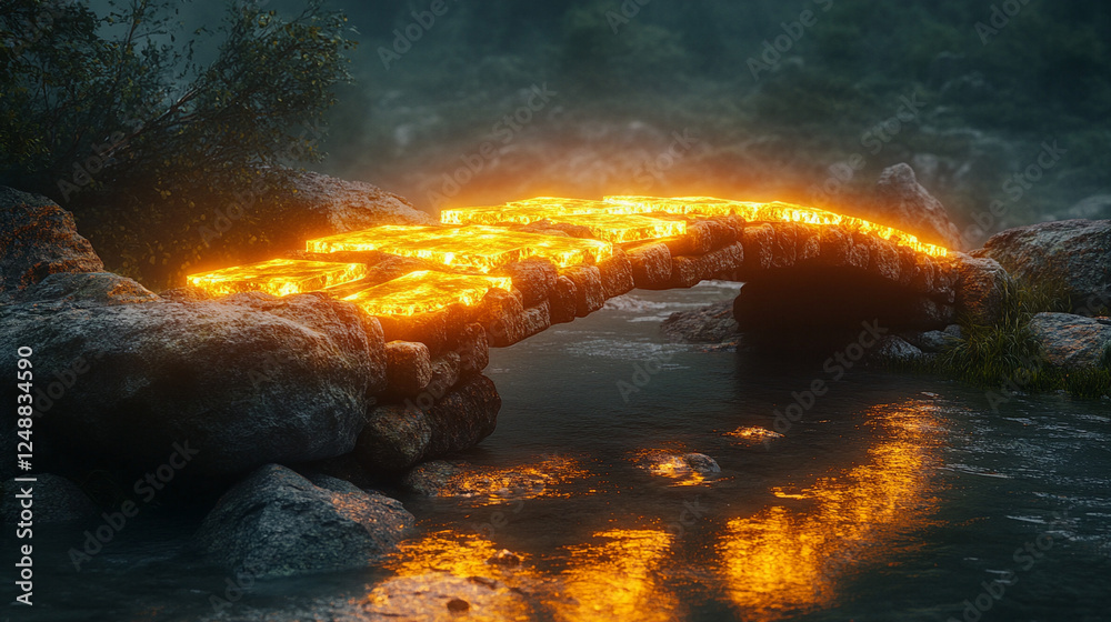 Fototapeta premium A lava flow creates a fiery bridge over a calm river under an ominous night sky.