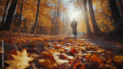 Autumn Forest Trail with Cyclist: A Golden Fall Day