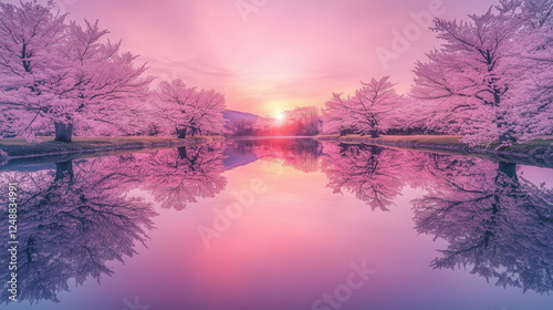 Serene Pink Cherry Blossom Sunrise Reflection on a Calm River