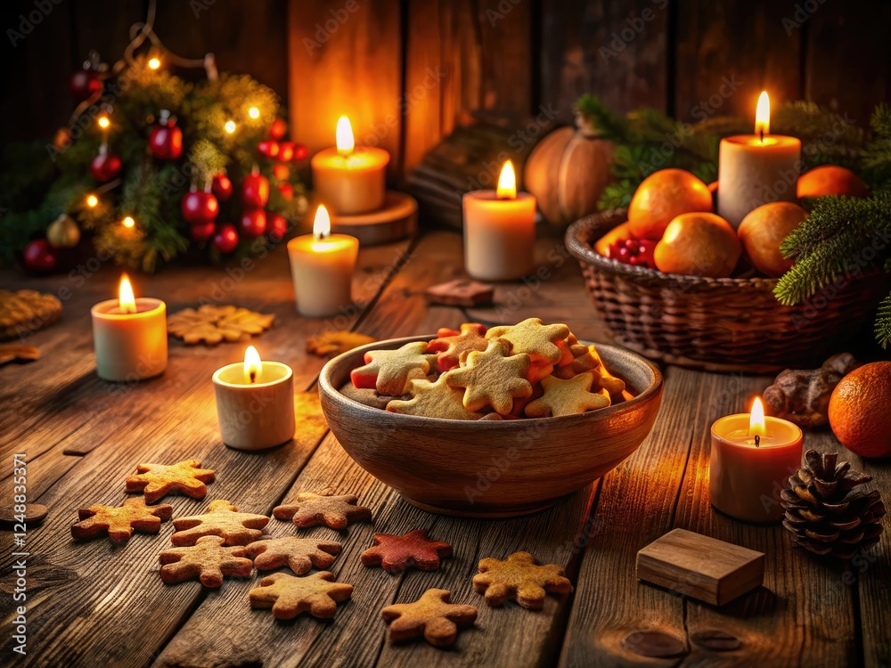 Candlelit warmth illuminates a tabletop game, delicious food photographed in a cozy, dark room. Candlelit warmth illuminates a tabletop game, delicious food photographed in a cozy, dark room.