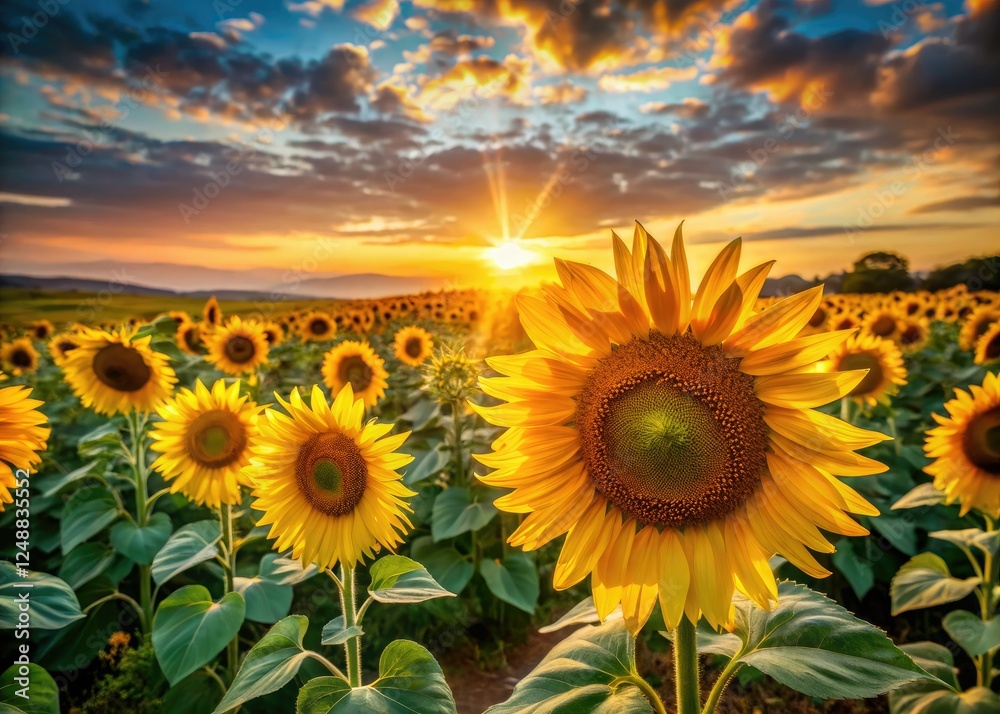 Fototapeta premium Capture the magic: sun-drenched sunflowers at sunrise, a golden hour documentary photography experience.
