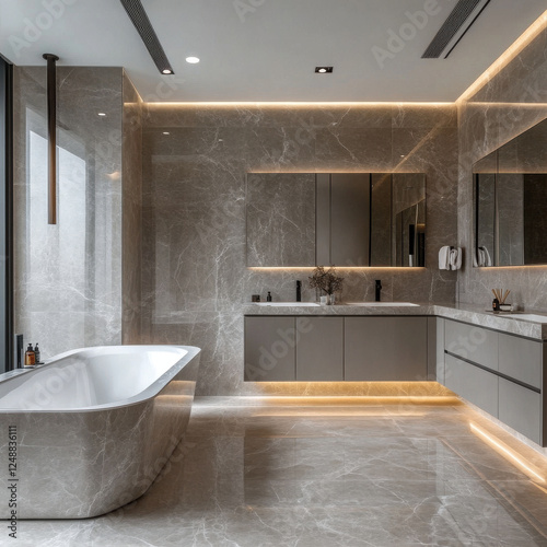 Elegant luxurious bathroom with gray marble surfaces, warm LED lighting, a freestanding bathtub, and modern cabinetry, creating a sophisticated and contemporary interior design