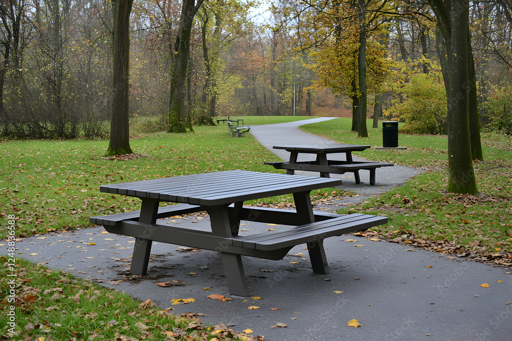 Solitary picnic tables sit adjacent to a winding path through a peaceful autumn park landscape, inviting peaceful contemplation Solitary picnic tables sit adjacent to a winding path through a peaceful autumn park landscape, inviting peaceful contemplation