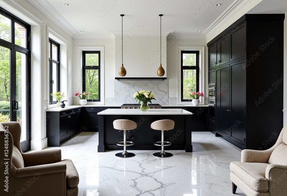 Fototapeta premium Modern Mansion Kitchen: Black Cabinets, White Walls, and Marble Floors Create an Elegant Space with Natural Light, a Large Island, and Plush Armchair.