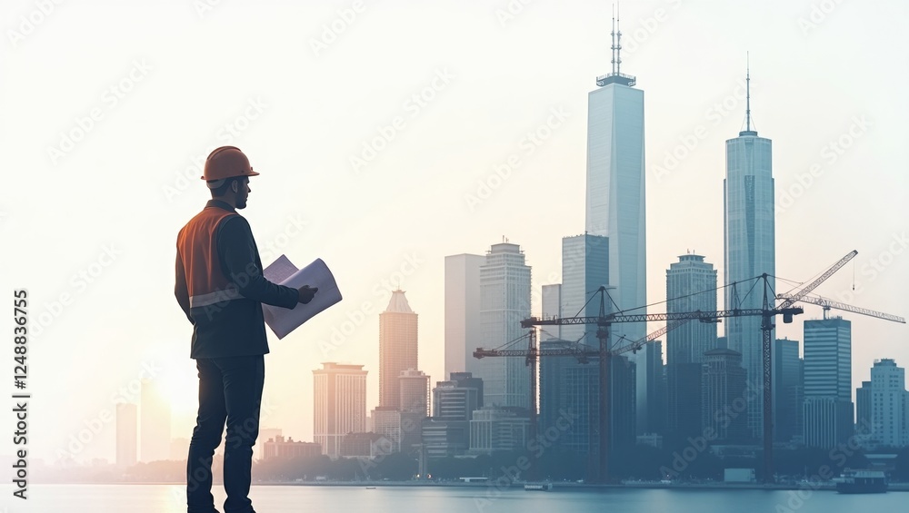 Double exposure of an engineer against a cityscape and construction, symbolizing the vision and planning behind urban development. Double exposure of an engineer against a cityscape and construction, symbolizing the vision and planning behind urban development.