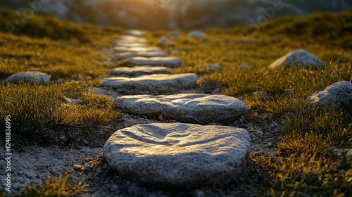 A serene stone pathway leads to a breathtaking mountain vista. photo